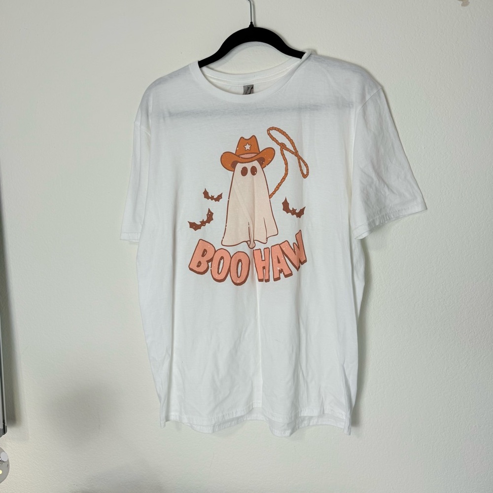 Gildan White Softstyle Tee with Graphic Cowboy Ghost Boo Haw Men’s L Large